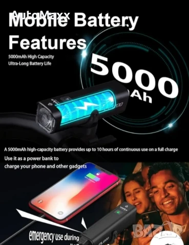 Челник за колело TOWILD CL1200, 1200 лумена, батерия 5000 mAh,водоустойчивост IPX-6, 176 г, снимка 7 - Велосипеди - 51003388