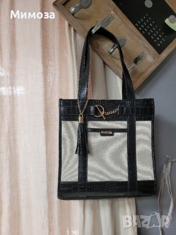 страхотна чанта черно и бяло- ЛЕН И КОЖА, снимка 11 - Чанти - 42640373