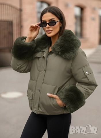 Уникално зелено зимно яке с пух , снимка 3 - Якета - 47941700