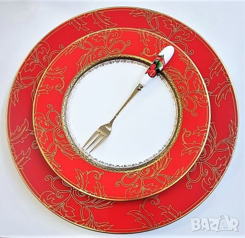 Червен комплект чинии от костен порцелан за съдомиялна машина