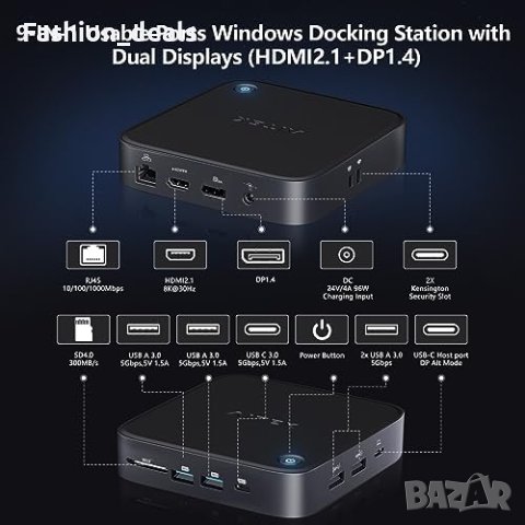 Нова 12 в 1 USB C докинг станция два монитора Windows MST Dock с 8K HDMI 2.1  Хъб, снимка 3 - Друга електроника - 42308778
