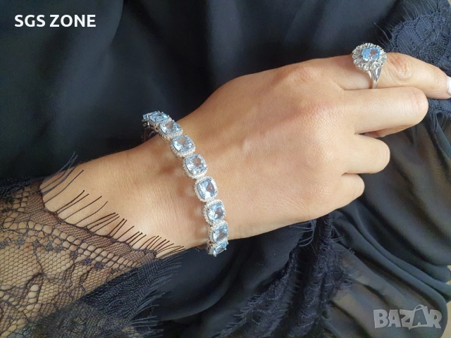 СРЕБЪРНА ГРИВНА ОТ ТАЙЛАНД С НЕБЕСНОСИН ТОПАЗ И РОДИЕВО ПОКРИТИЕ, снимка 4 - Гривни - 52453619