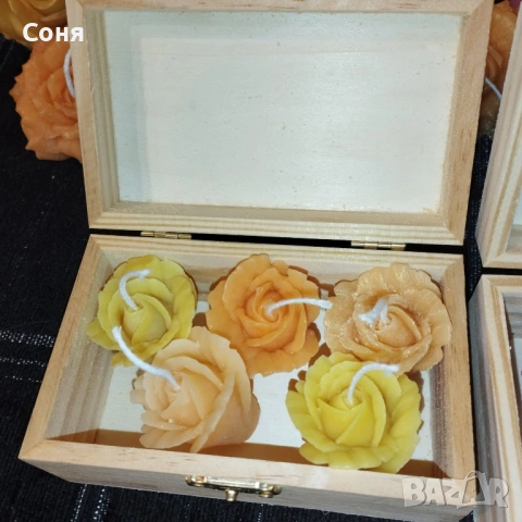 Дървена кутия с  пет ароматни мини рози - свещ, снимка 5 - Подаръци за жени - 53168163