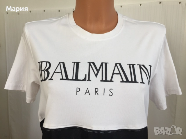 Л / ХЛ Оригинална Balmain Дамска Туника Тениска Бяла Черна Еластичен мек памук, снимка 3 - Туники - 51500508