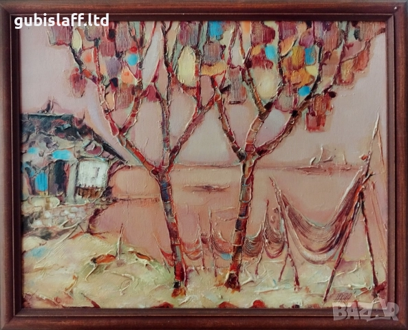 Картина, пейзаж, море, мрежи, худ. Н. Ханзъров, 1999 г.