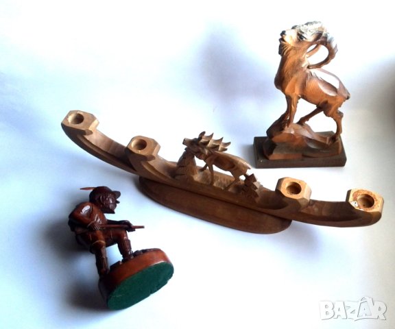 Дървени фигури Статуетки-свещник Елен и Ловец с Дива коза, снимка 3 - Антикварни и старинни предмети - 42672054