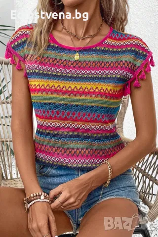 Дамска блуза с етно жакардов десен и къси ръкави с пискюли, снимка 6 - Други - 50130058