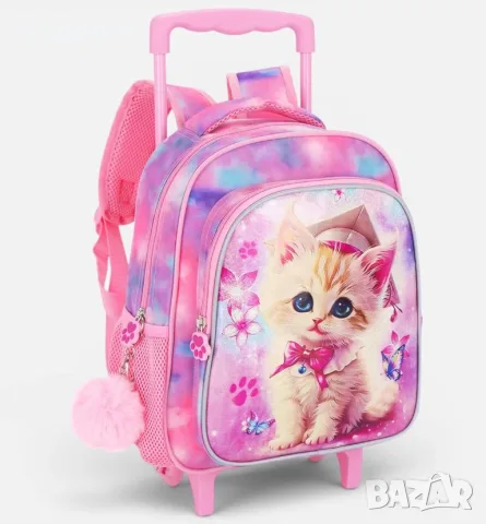Ученическа раница с колелца за детска градина, розова Tie Dye с коте, 26.5x11.5x33cm