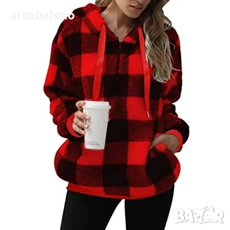 Дамски суичър с дълги ръкави и качулка на каре, 7цвята , снимка 2 - Суичъри - 42319279