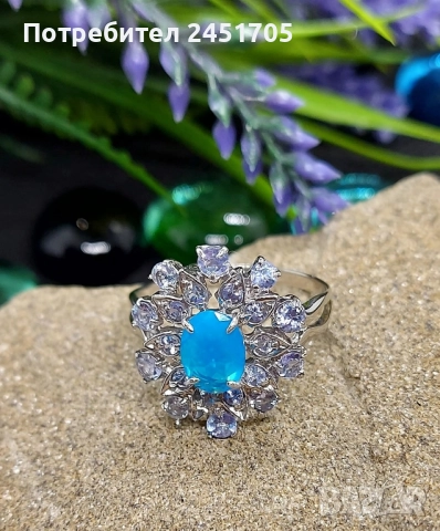 Сребърен пръстен 925 с натурални танзанити и в средата Син опал, снимка 4 - Пръстени - 52583280