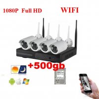 500gb HDD + IP Wireless 1080P Full HD Безжичен комплект. 4 WiFi IP камери WiFi NVR DVR, снимка 1 - Комплекти за видеонаблюдение - 28541970