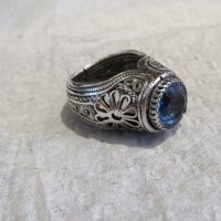 стар мъжки сребърен пръстен, стар голям османски величествен пръстен с филигран син камък, турски, снимка 1 - Пръстени - 29453542