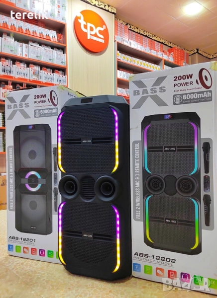 -50лв🔊 Xbass 200W 6000mah Професионална караоке тонколона ABS-12202 – 12”×2, Bluetooth, 2 микрофонa, снимка 1