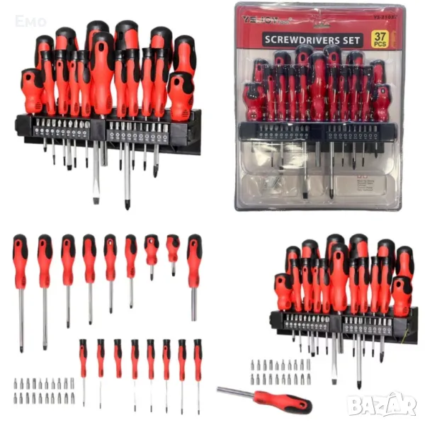 Комплект отвертки и битове с държач 37 части, черни/червени, снимка 1
