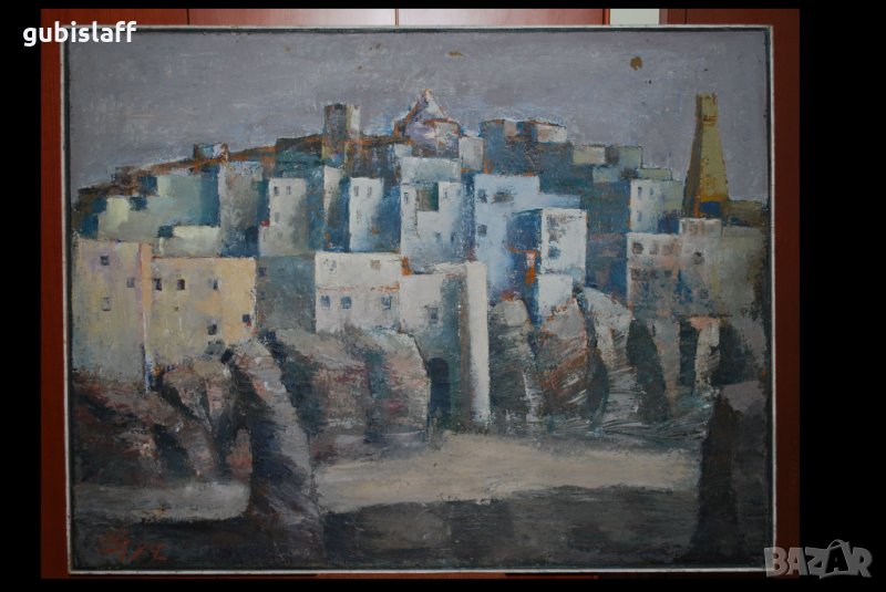 Стара огромна картина, градски пейзаж, Цв. Цветков,1982, снимка 1