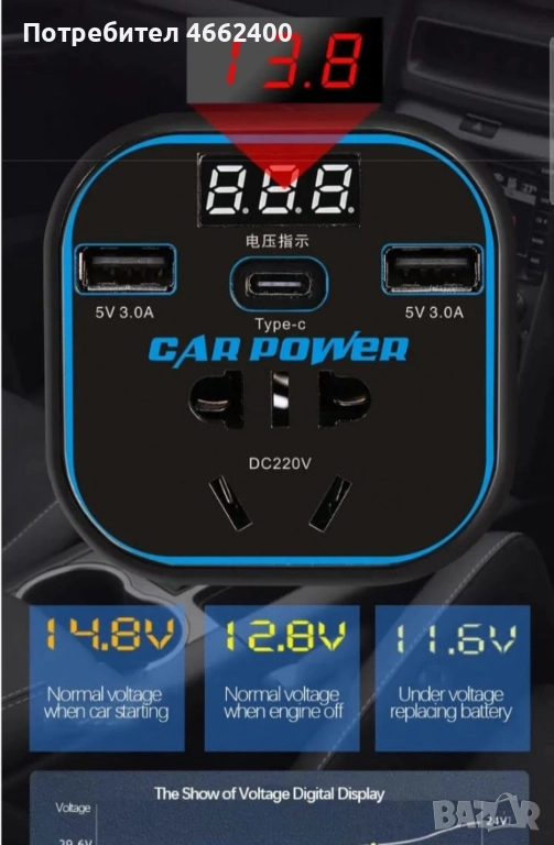 Инвертор преобразувател за захранване,адаптер за зарядно за кола с 3.0A двоен USB и Type-C,12V/24V к, снимка 1
