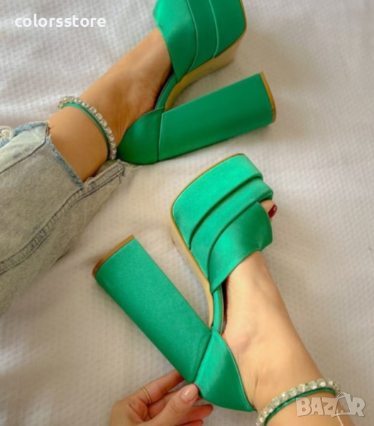 Сандали на ток - зелен сатен - VS2, снимка 1