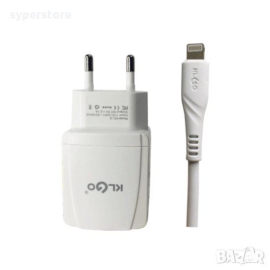 Зарядно за телефон таблет Lightning 220V 2A Digital One SP01056 KLGO KC-2 Fast Charging Auto ID, снимка 1