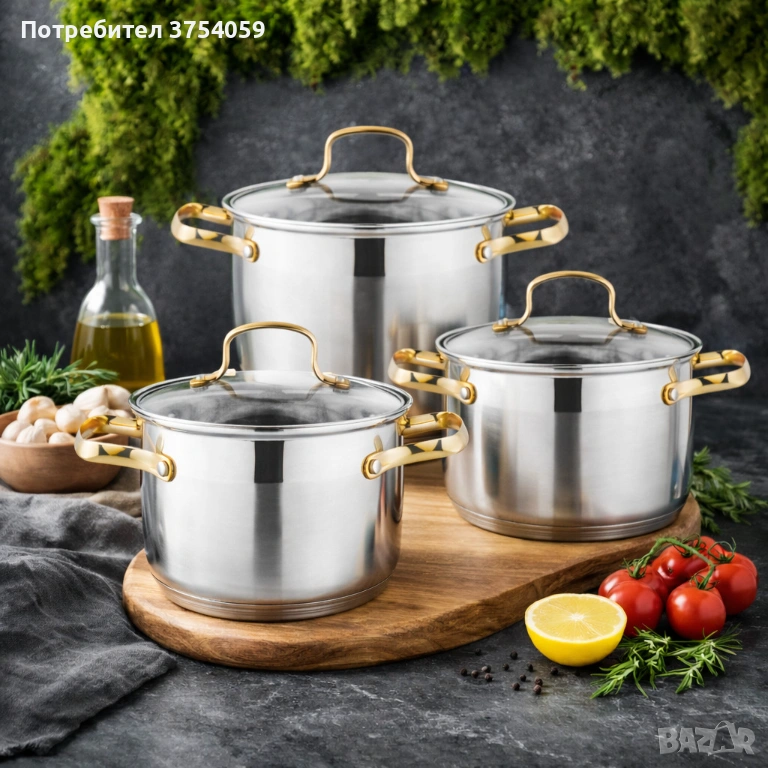 Луксозен комплект тенджери с неръждаема стомана и златисти дръжки – перфектният избор за всяка кухня, снимка 1