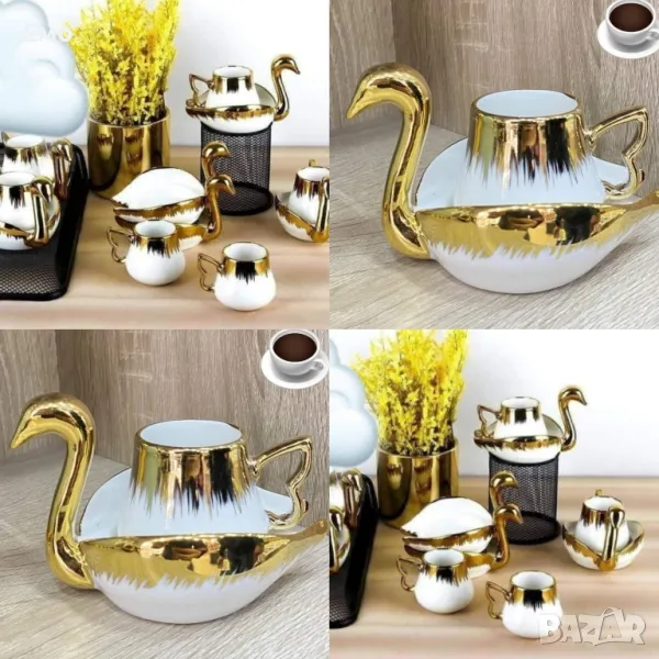 Луксозен порцеланов комплект от чаша и чинийка Лебед, снимка 1