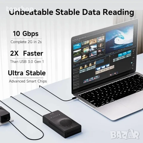 НОВА Докинг станция NVMe Clone, 10Gbit/s Dual-Bay Tool-Free USB C към NVME, снимка 7 - Друга електроника - 50542606