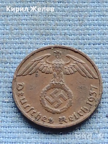 Монета 1 райхсфенинг 1937г. Германска империя с свастика 34841, снимка 6 - Нумизматика и бонистика - 42730529