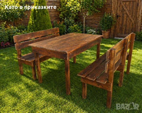 Комплект за двор – маса и пейки от дърво; Дървена маса с две пейки – здрава и стилна; комплект за гр, снимка 7 - Маси - 54329717