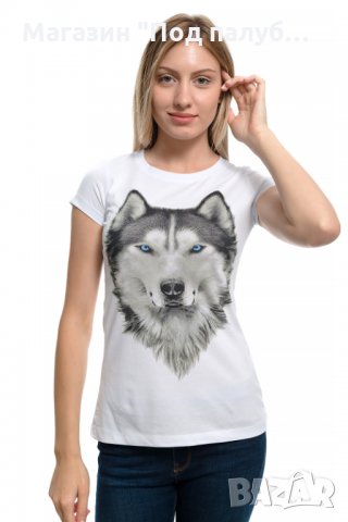 Нова дамска тениска с дигитален печат Хъски със сини очи, снимка 3 - Тениски - 29964751