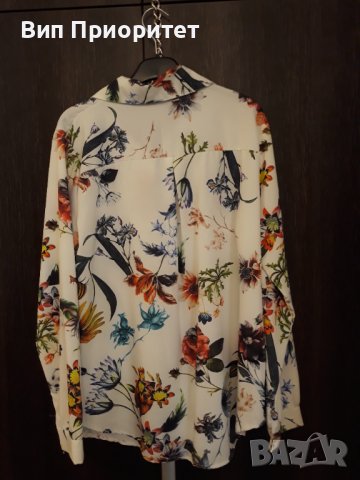 Бяла риза с пъстър принт, дълъг ръкав, официална, коприна, със закопчаване отпред, снимка 9 - Ризи - 37408068
