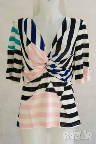 Дамска блуза на райе в бяло, тъмносиньо и розово Top Design - XL, снимка 2 - Блузи с дълъг ръкав и пуловери - 42791553
