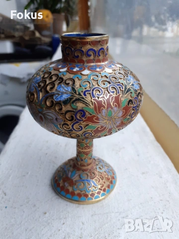 Клоазоне cloisonne клетъчен емайл бронз ваза амфора, снимка 2 - Антикварни и старинни предмети - 53335651