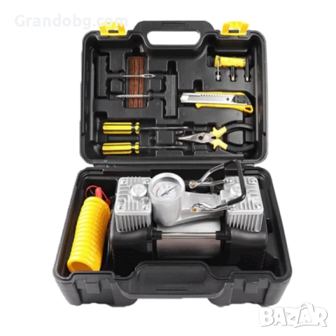 Немски Комплект „Пътна помощ“ WerkBull – компресор за гуми, маркуч за въздух и инструменти в преноси, снимка 4 - Куфари с инструменти - 52421618