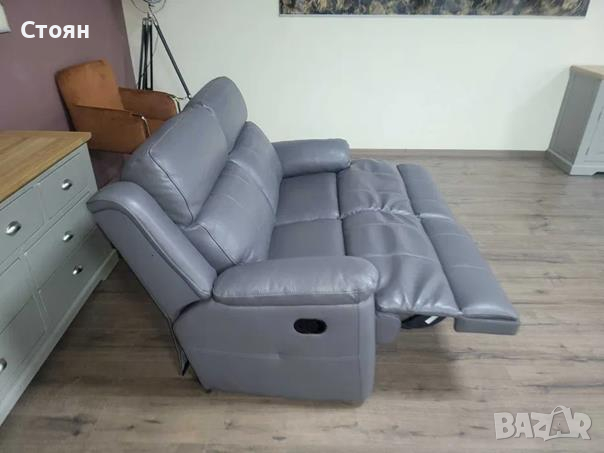 Сиво-лилав кожен диван двойка с ръчен релаксиращ механизъм, снимка 7 - Дивани и мека мебел - 44701782