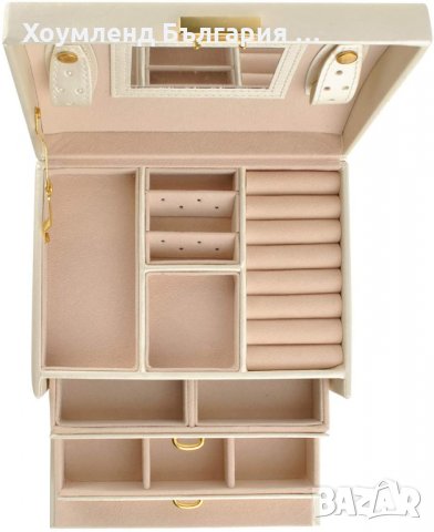 Стилна кожена ракла 16 в1 с две чекмеджета за бижута и аксесоари - бяла, снимка 4 - Бижутерийни комплекти - 32172167