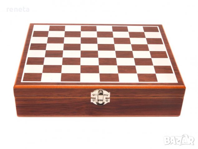 Комплект за шах с карти и зарчета, Дървен, В кутия, Кафяв, снимка 3 - Шах и табла - 37196524