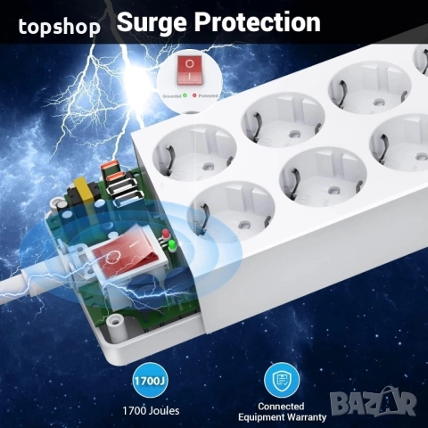 Нов 12-полюсен разклонител с пренапрежение и ключ, стенен разклонител с 12 контакта и 2 USB-C ..., снимка 4 - Други стоки за дома - 51637919