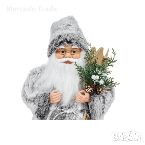 Коледна реалистична фигура Дядо Коледа, Сиво палто със ски и фенер, 46см, снимка 3 - Декорация за дома - 34749527