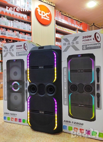 -50лв🔊 Xbass 200W 6000mah Професионална караоке тонколона ABS-12202 – 12”×2, Bluetooth, 2 микрофонa