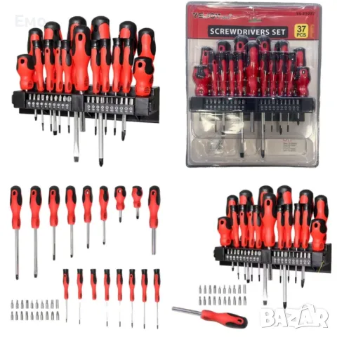 Комплект отвертки и битове с държач 37 части, черни/червени