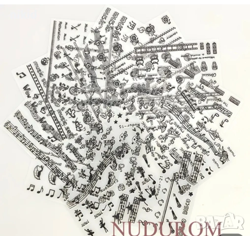 12 бр музикални ноти музика самозалепващи лепенки ваденки за нокти маникюр декорация слайдери, снимка 2 - Продукти за маникюр - 54034303