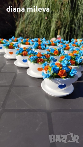 Сладурски чашки с нежни цветлета в синьо и оранжево!!, снимка 5 - Декорация за дома - 52934862