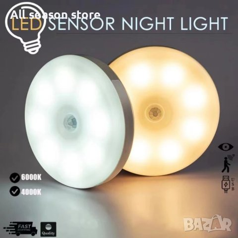 Интелигентна презареждаща НОЩНА LED лампа с PIR сензор за движение , снимка 4 - Лед осветление - 44494375