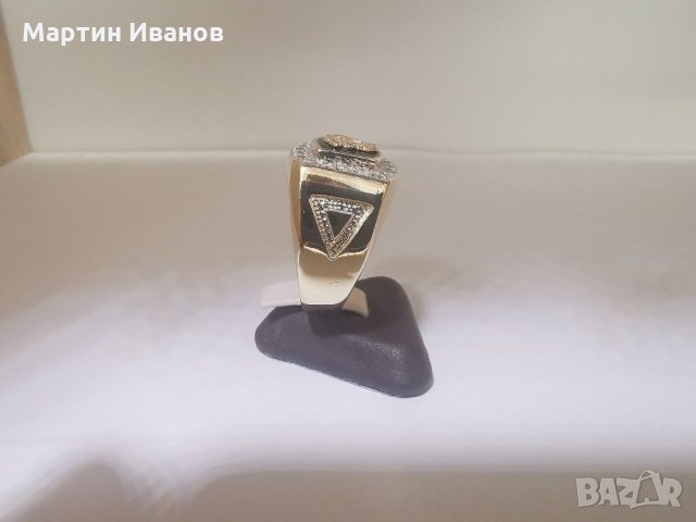 Златен мъжки пръстен с оникс и циркони , снимка 5 - Пръстени - 30831006