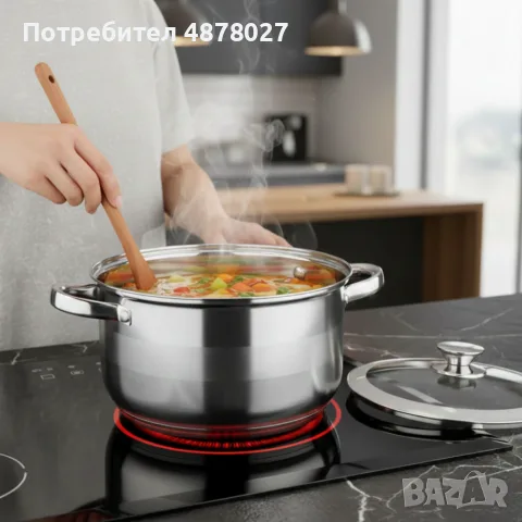 Тенджера с кошница за пържене и стъклен капак Cheffinger  Ø24 см – инокс, 6,5 л, за всички котлони, снимка 5 - Съдове за готвене - 55713760