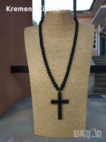 Мъжки колиета с оникс и кръст от благородна стомана. Идея за подарък. Бижута Луди гъби., снимка 2 - Колиета, медальони, синджири - 30724794