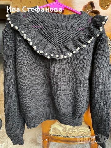 Кокетен елегантен  черен пуловер с перли , снимка 8 - Блузи с дълъг ръкав и пуловери - 38749652