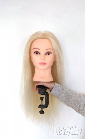 Фризьорска тренировъчна глава с ЕСТЕСТВЕНА коса 60см +стойка +аксесоари, снимка 2 - Фризьорски принадлежности - 31953299