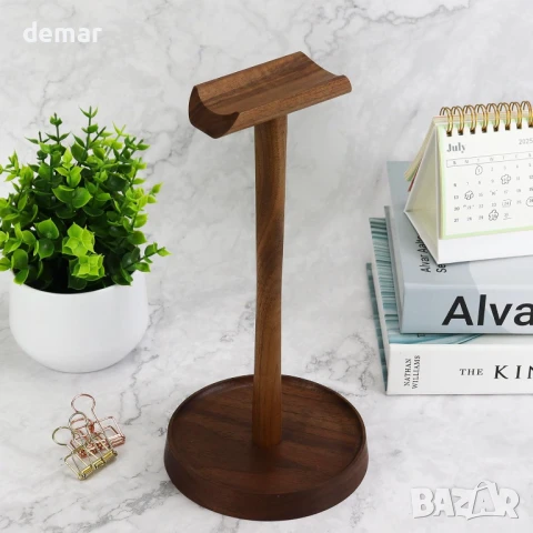 Дървена стойка за слушалки, подвижна стойка за слушалки от орехово дърво с тава за съхранение, снимка 6 - Слушалки и портативни колонки - 50602107