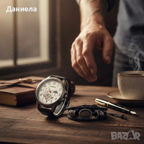 Мъжки часовник с големи цифри и подаръчна гривна – стил и практичност в готов комплект, снимка 2 - Мъжки - 51933073