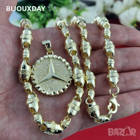 Ланец и плочка мерцедес медицинска стомана с 14к златно покритие